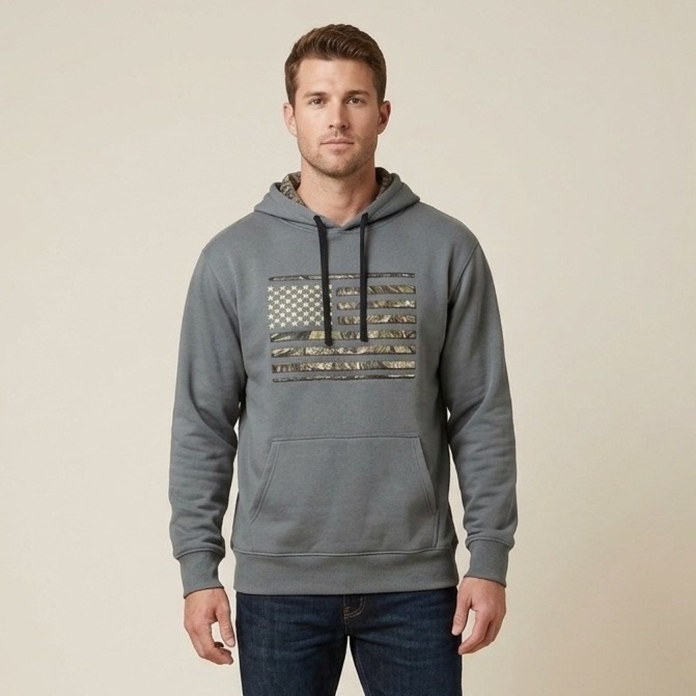 Mossy Oak Mens Camo American Flag Hoodie Gray Performance Sweatshirt L Patriot